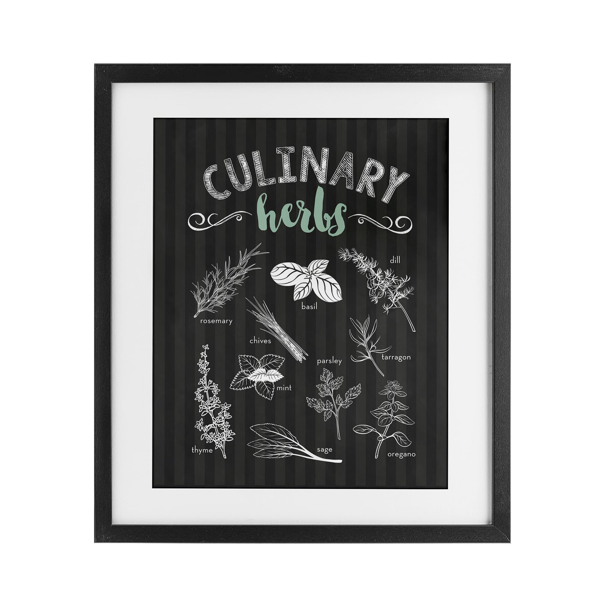Affiche herbes culinaires sur rayures noires avec cadre Stupell 40x33 cm