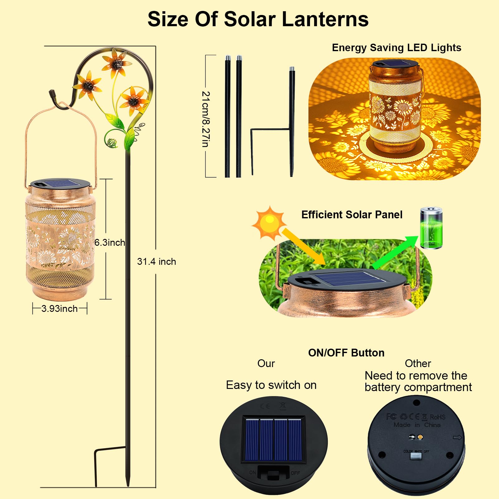 Lanterne solari per esterni, impermeabili, decorazione da giardino, regalo di compleanno per donne, mamma, nonna, girasole in metallo, luci solari da appendere con gancio da pastore, per esterni,