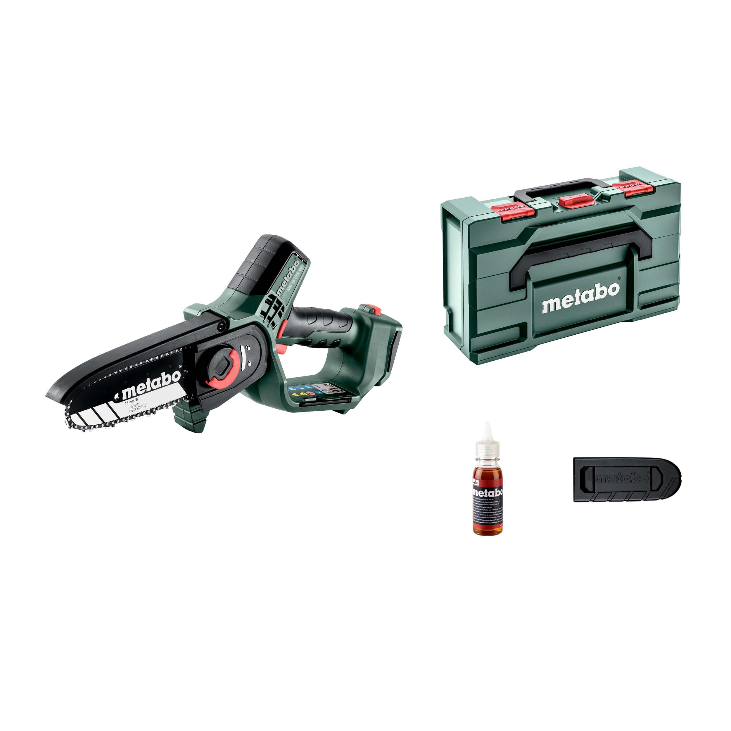 metabo Akku-Gehölzsäge MS 18 LTX 15-18V, 15 cm Schwertlänge - Ideal für Baumschnitt und Grünschnitt, hohe Kettengeschwindigkeit - Leicht und handlich - Inkl. metaBOX