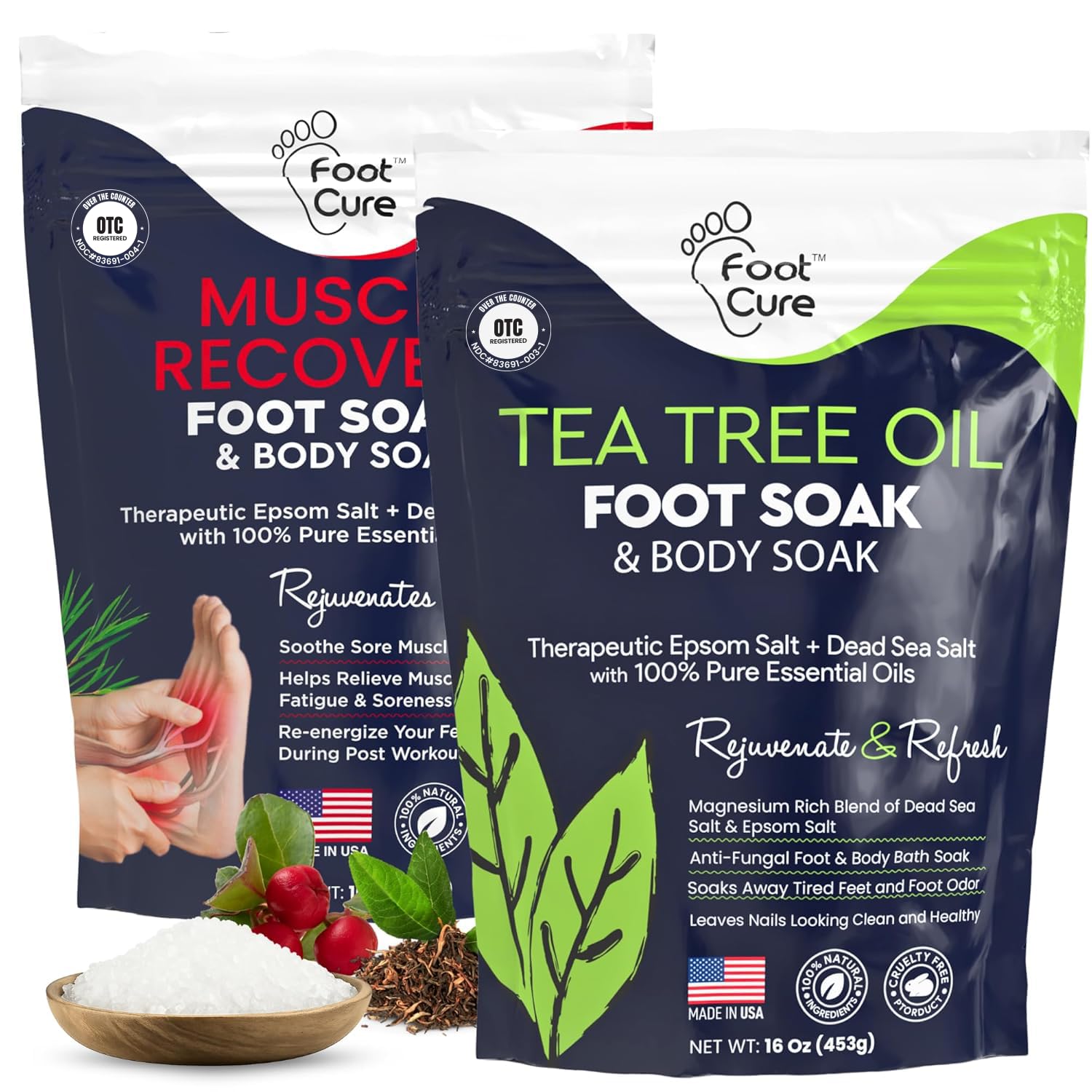 FOOT CURE Tea Tree Oil & Muscle Foot Soak with Epsom Salts - All-Natural Salts for Post-Workout Recovery - Softens Calluses, Soothes Sore & Tired Feet