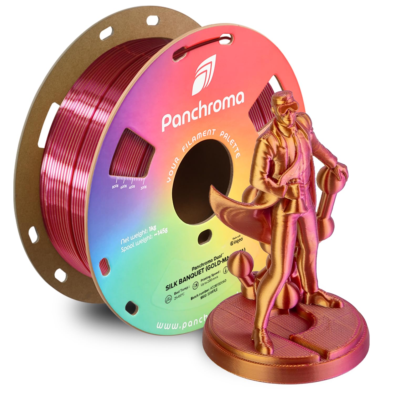 Polymaker Panchroma Dual Silk PLA 3D Printing Filament, 1.75mm 1kg, Silk Banquet (Gold-Magenta), New and Improved Formula, Better Strength, Printing