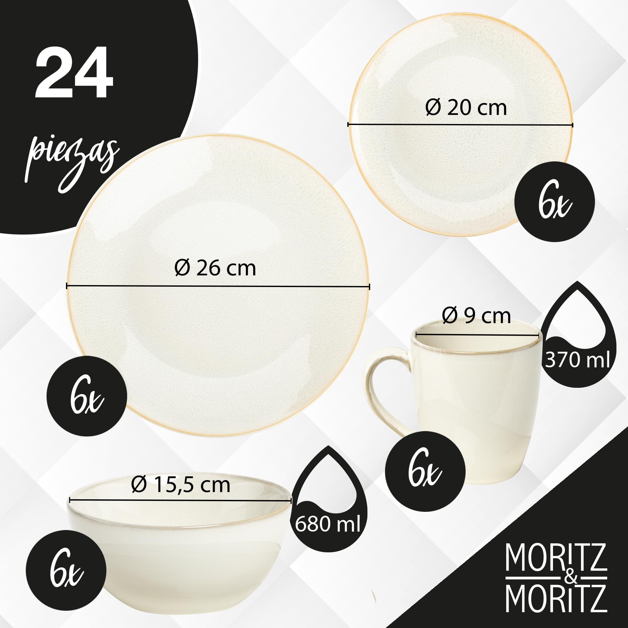 Moritz & Moritz SENSE - Vajilla de 24 piezas para 6 personas, color beige
