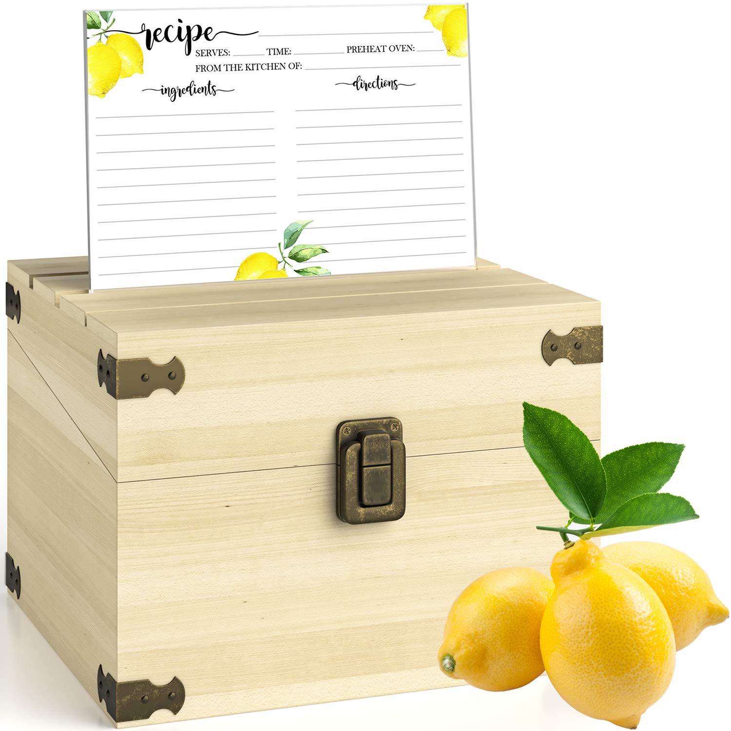 Zen Earth Inspired4x6 Rustic Pine Recipe Storage Box Bundle + 100 Lemon Recipe Cards & 24 Labeleze Category Dividers