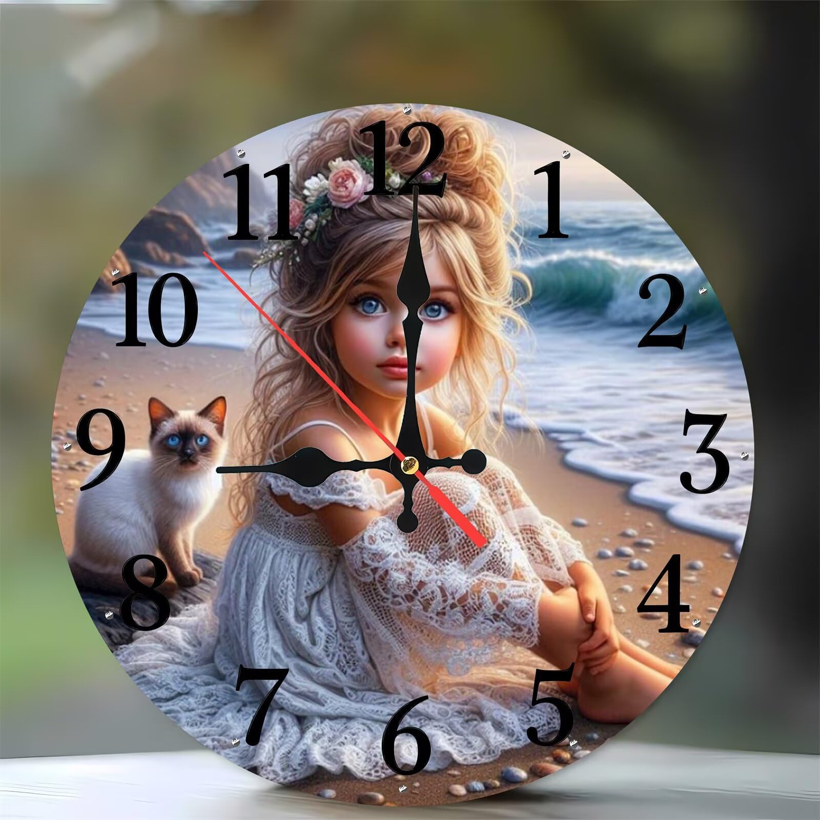 Horloge murale de 35 cm bois silencieuse motif chat fille de plage salon