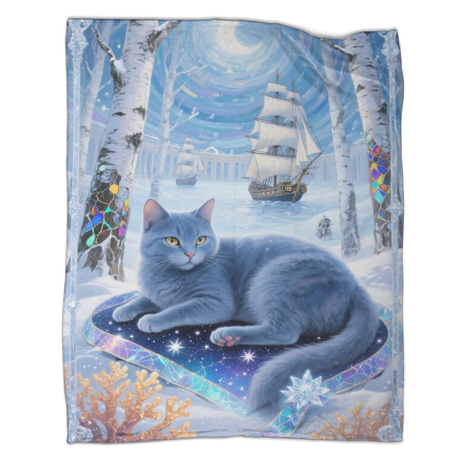 Plaid Russian Blue de lit premium en microfibre douce imitation chat 3D