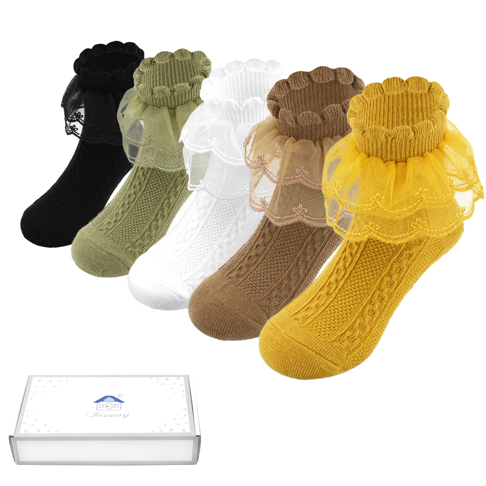 Fassory Girls Multicolour 5 Pairs Frilly Socks, Princess Lace Top Cotton Socks, School Ankle Socks For (As8, Age, 1_Year, 3_Years, Regular, )