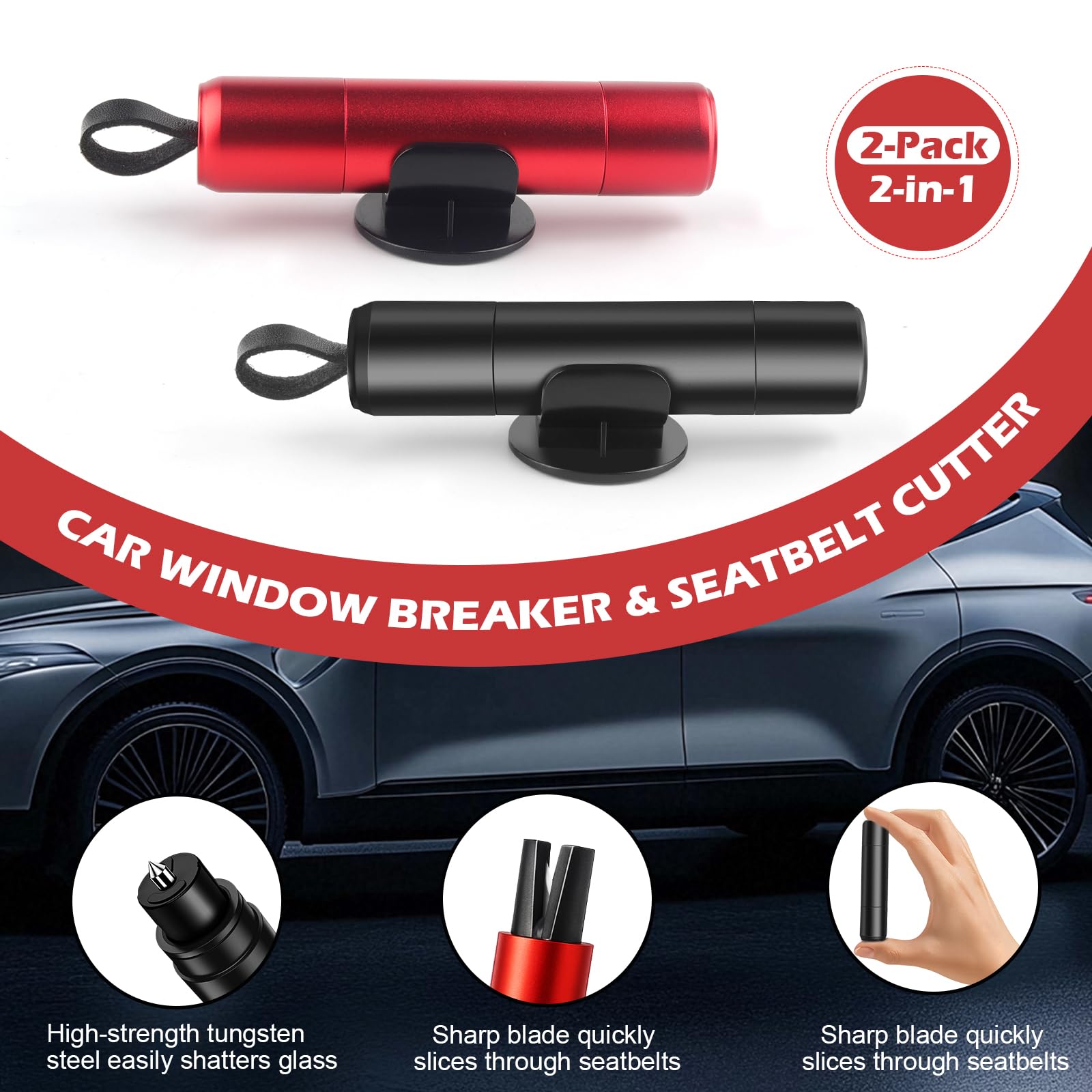 Marteau Brise-vitre Et Coupe-ceinture 2 En 1 - Pour Voiture, Sécurité D'urgence - Rouge Et Noir - 8
