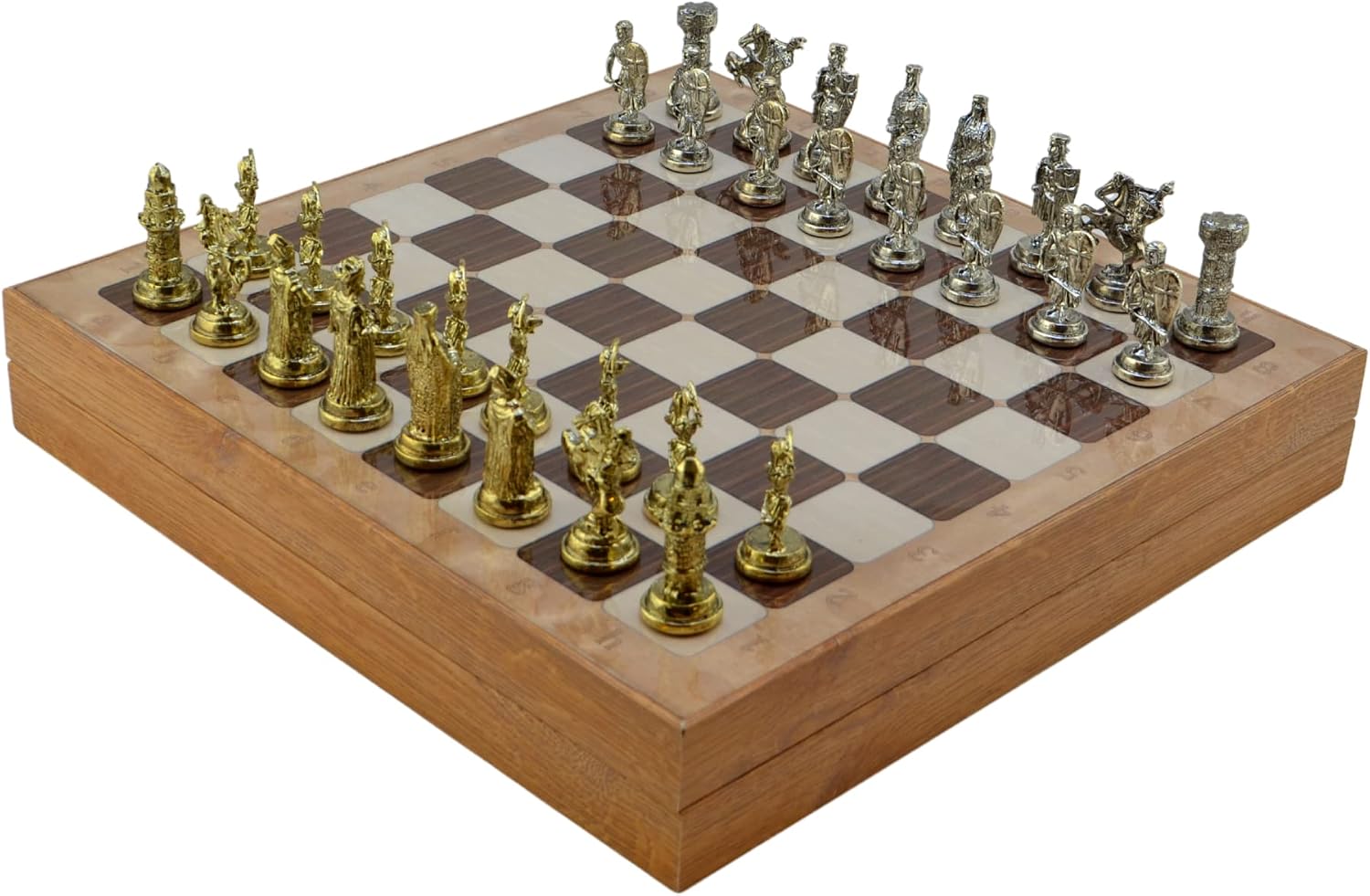 Metal Chess Set for Adults Ottoman vs Byzantine Empire,Handmade Pieces and Different Design Wooden Chess Board with Storage (Rustic)