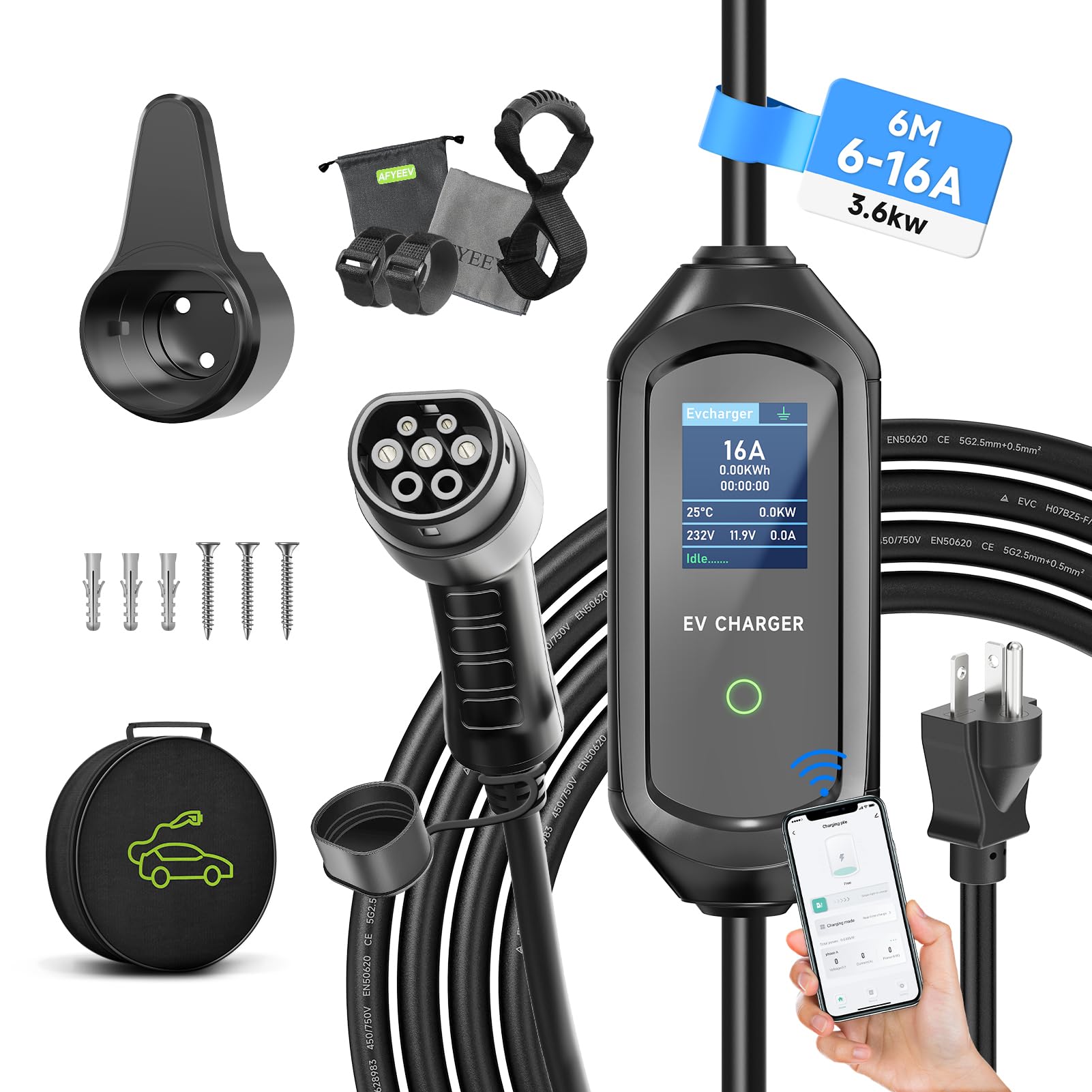 6m Type 2 Charging Cable, 3.6KW EV Charger Type 2, Electric Car Type 2 EV Charger, 6/8/10/13/16A Adjustable Current, Charging Cable Type 2, EV Charger with NEMA 6-20 Plug, 5-15 Adapter