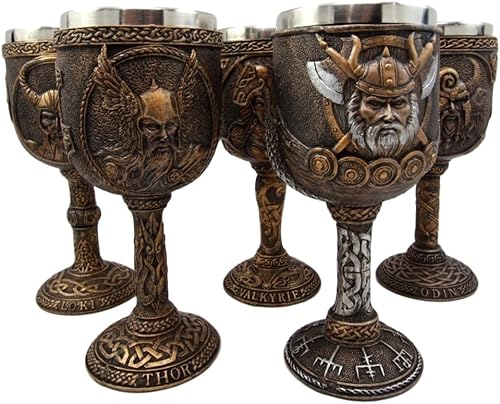 Miniatura 3 de Atlantic Collectibles Mitología nórdica Deidades vikingas Odin Loki Thor Valkyrie Battle Longship 7oz resina copa de vino cáliz juego de 5 con forro