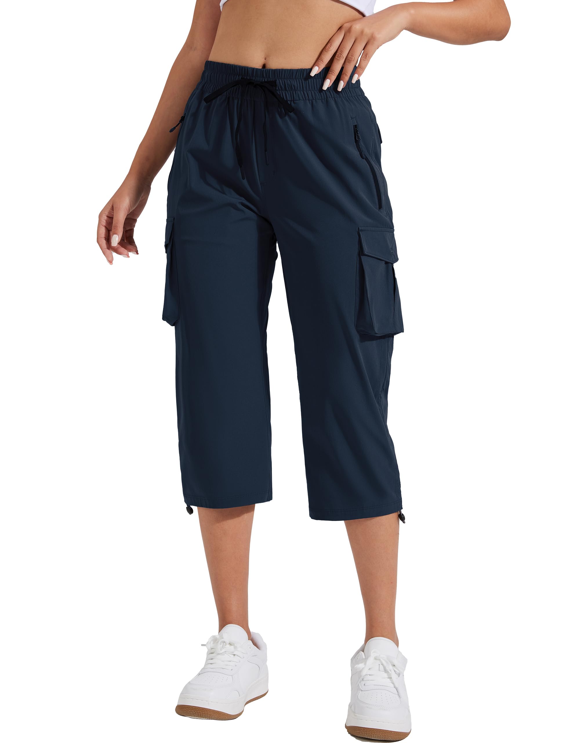 Pioneer Camp Pantacourt Femme Été Leicht Pantalons 3/4 Cargo Occasionnel Pantalon Corsaire Ceinture Élastique Capri RandonnéE avec 6 Poches