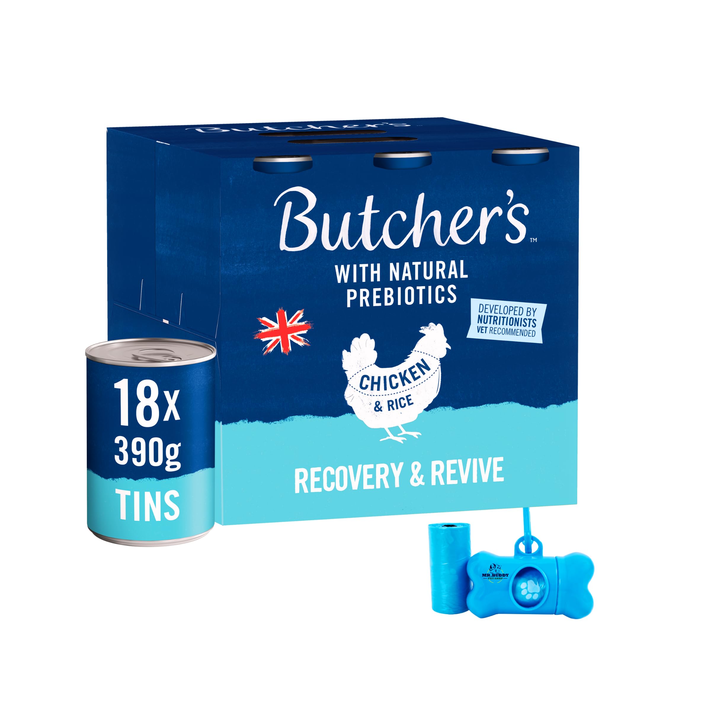 Butcher's Recovery & Revive Chicken & Rice Loaf 18 x 390g Tins With Buddy's Poop Dispenser