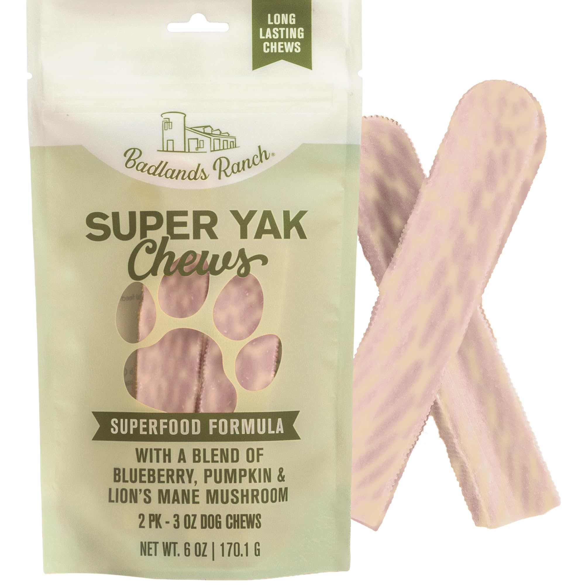 BADLANDS RANCH Super Yak Chews, formula Superfood da masticare per cani di piccola taglia, latte di mucca a lunga durata da masticare con mirtillo, zucca e fungo criniera di leone, 2 x 85 g
