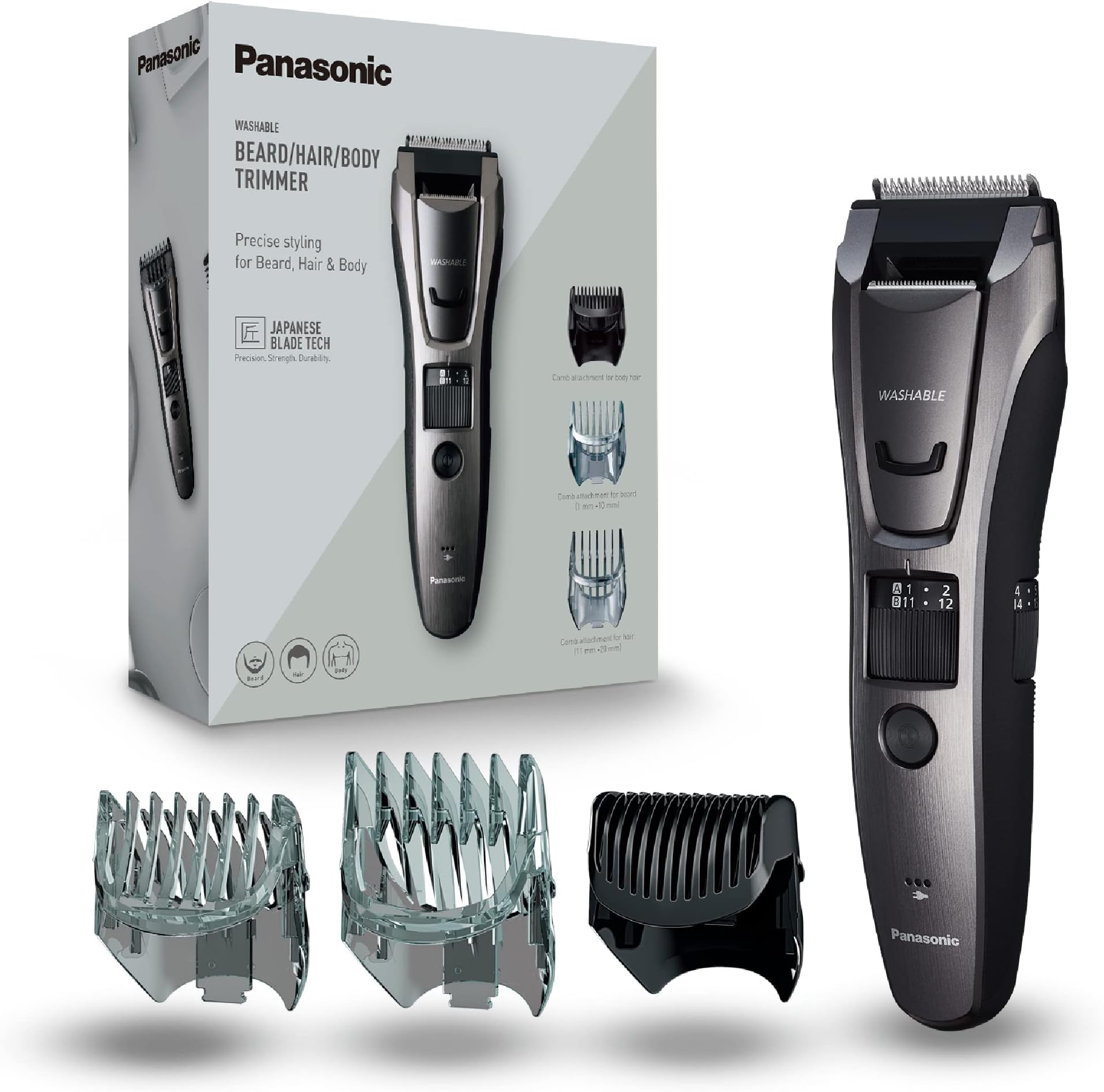ER-GB80 Wet & Dry Electric Hair, Body & Beard Trimmer for Men, Hair Clipper Cordless, 3 Attachments, 40 Cutting Lengths, UK 3 Pin Plug, Grey