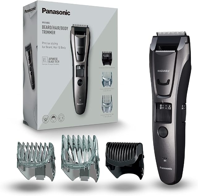 Panasonic ER-GB80 trymer do brody, włosów i ciała (39 ustawień długości, 3 nasadki, precyzyjna przycinarka, 50minut pracy, Japanese Blade Tech), szary