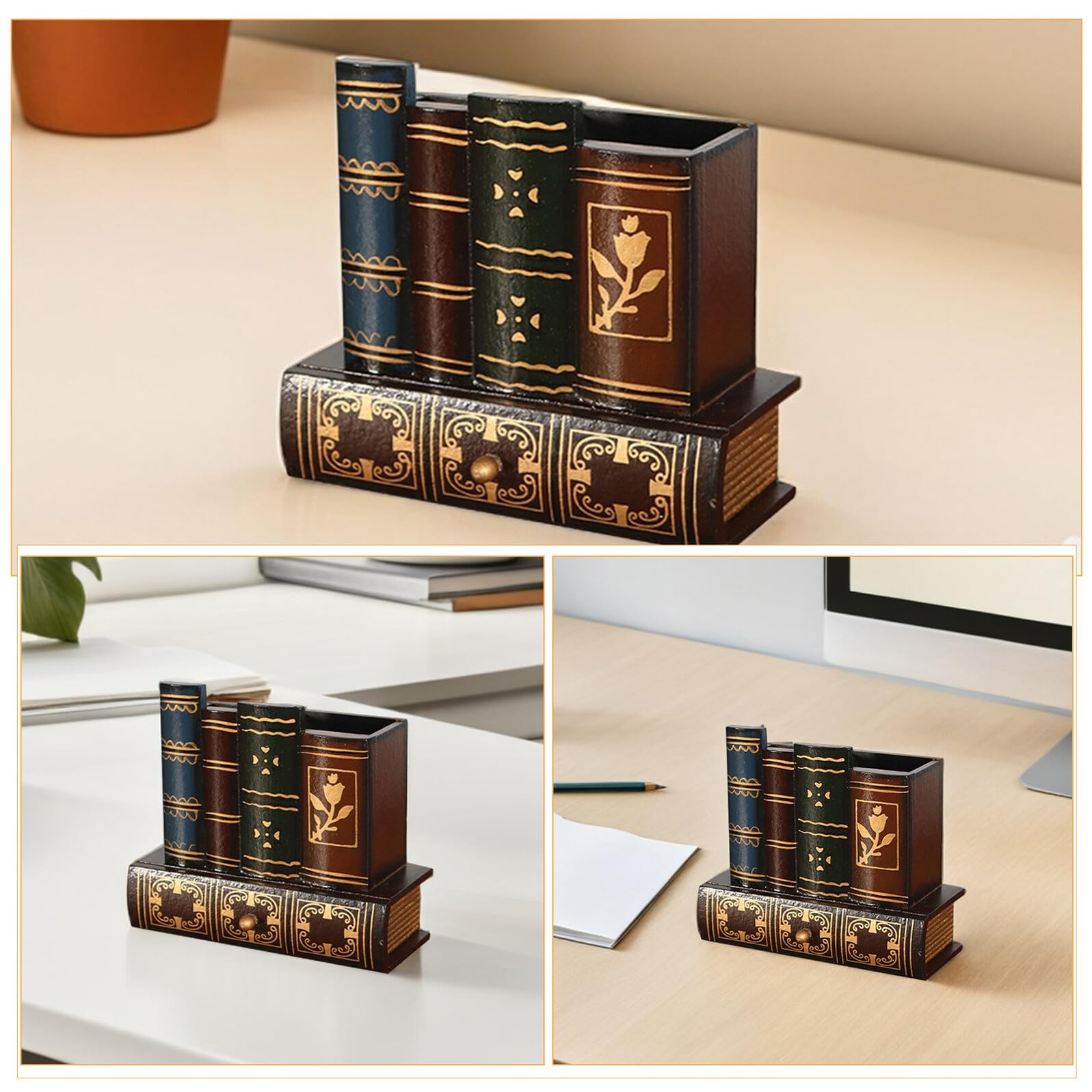 Organizer da Scrivania Elegante con Cassetto Stile Europeo in Legno Portapenne a Forma di Libro Falso Set 2 Pezzi per Ufficio e Spazio Lavoro Ordinato