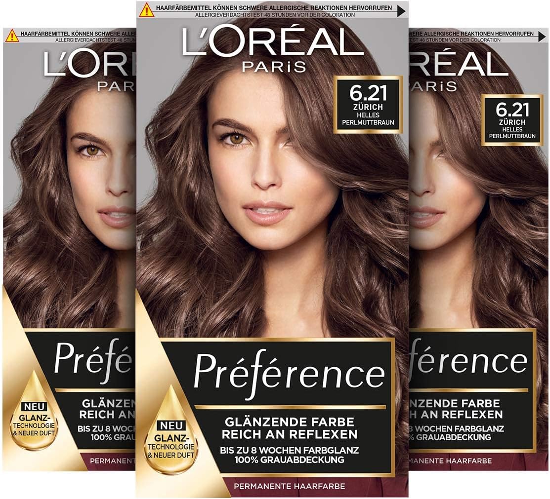 L’Oréal Paris Permanent Hair Colour, Hair Dye Set with Colouration and Colour Shine Care Balm, Préférence, 6.21 Light Mother of Pearl Brown, Set of 3