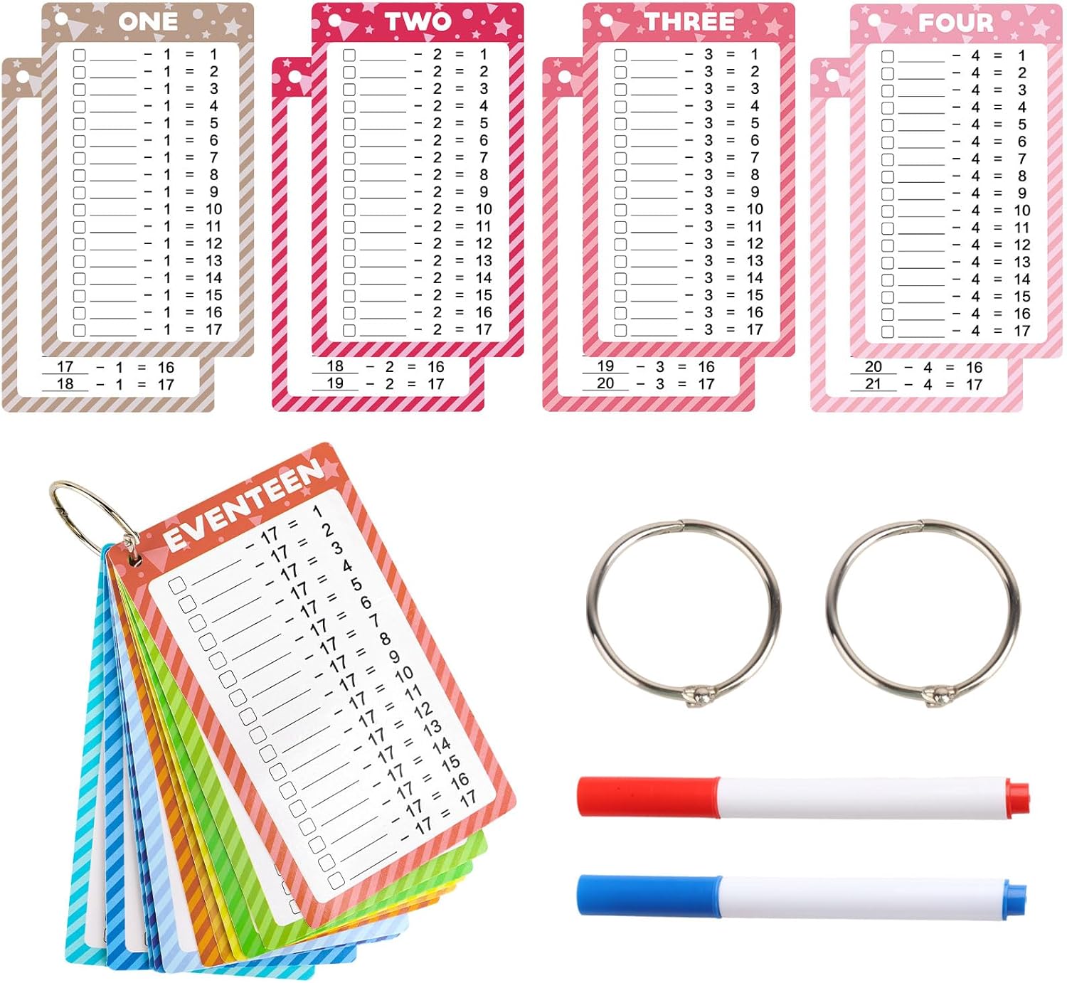 17 Pcs Subtraction Flash Cards Bulk 0-17 with 2 Dry Erase Markers and 2 Rings Math Flash Cards Fun Math Games for Kids 1st Grade, 2nd Grade, 3rd Grade