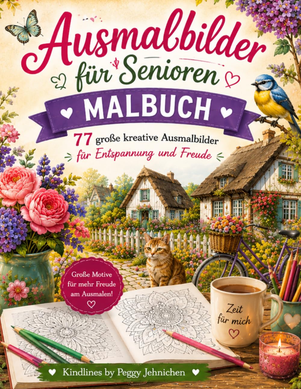 Ausmalbilder für Senioren,Malbuch: 77 große kreative Ausmalbilder für Entspannung und Freude-Blumen, Tiere, Gartenleben, Dorfleben, Nostalgie und Mandalas