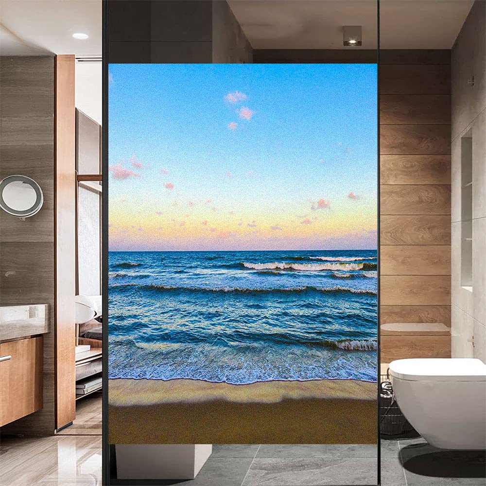 Window Film Privacy Frosted Beach Seascape Static Cling Window Stickers No Glue Window Clings UV Blocking Heat Control Window Coverings for Home/Office 31.49"x39.37"(80x100cm)