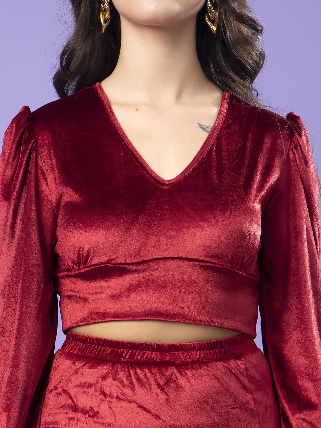 POPWINGS Velvet Co-Ord Set for Women Dress || Casual V-Neck Puff Sleeve Velvet Crop Top & Ruched Split Thigh Skirt Set Red 4