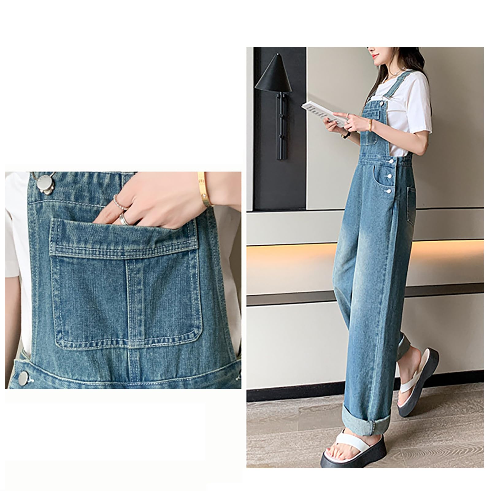 Salopette Jeans Femme Large Combinaisons en Jean Coupe Droite Pantalon en Jean