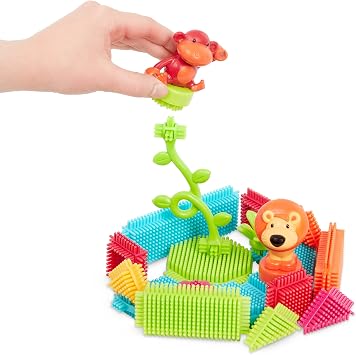 Battat Bristle Blocks Jungle Adventures, 54-Piece STEM Building Set | STEM interlocking stacking blocks with toy animals, flowers, wheels, and reusable storage bucket for pretend play, 2+ Years