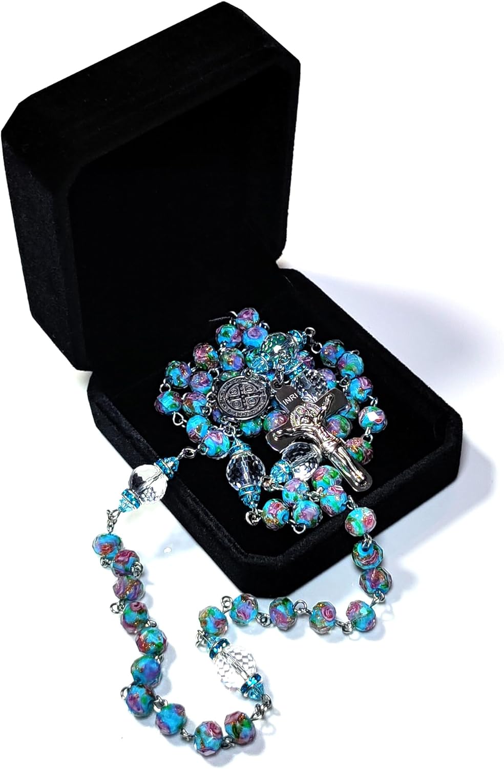 Rosary Beads Chaplet Premium Blue Rose S Artificial Crystal Glass Rosery Cross Catholic gifts
