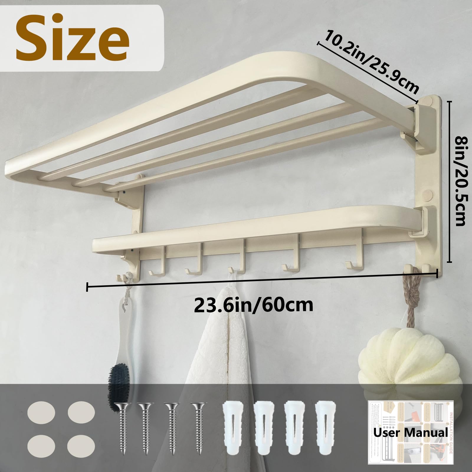 24in Towel Racks Shelf for Bathroom, Foldable Wall Mounted Towel Storage with 9 Towel Hooks, Modern Rustproof Towel Holder with Shelves, Towel Hanger for Hotel Dorm Restroom RV Toilet Milky White