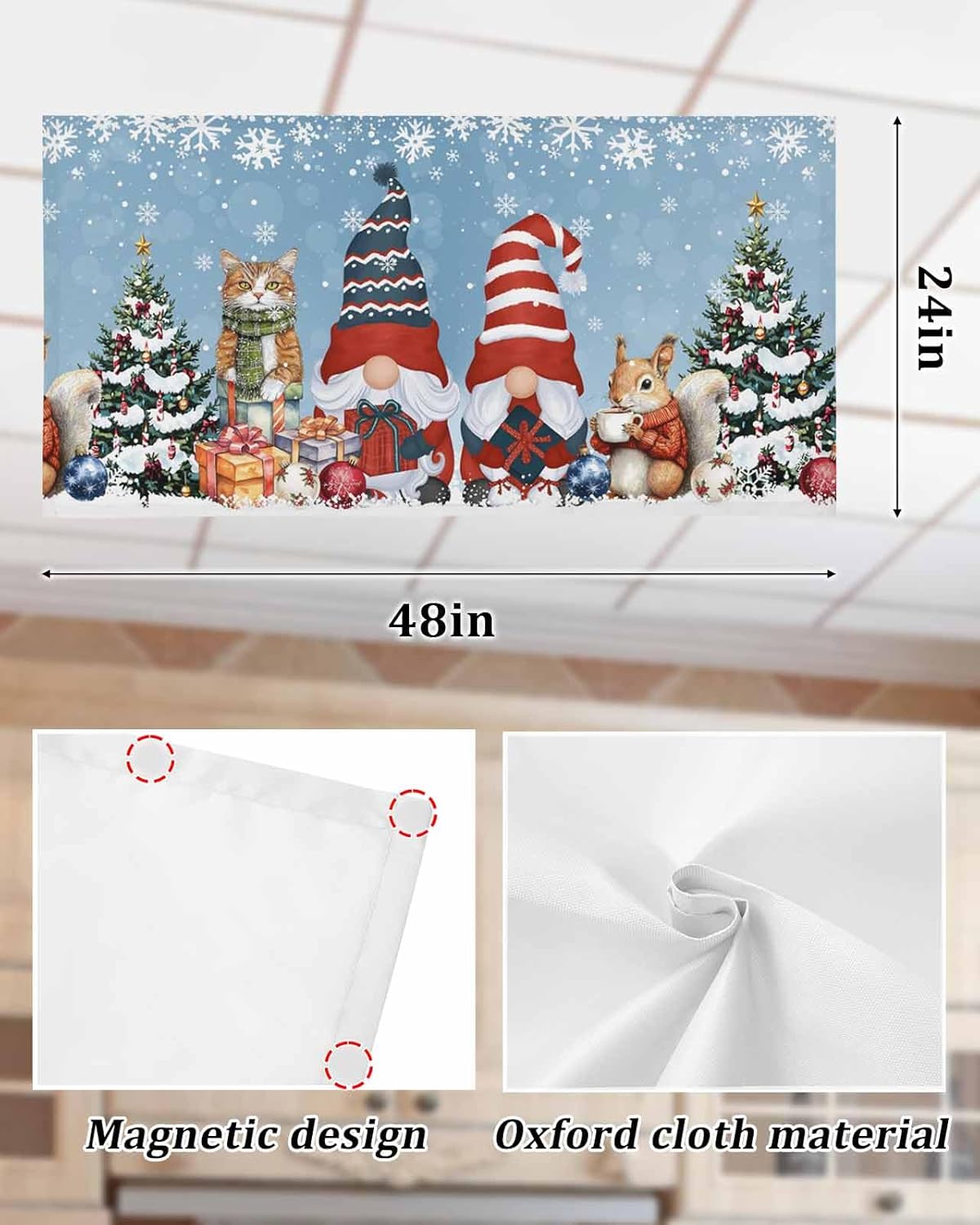 Smile Sunflower 4PCS Christmas Xmas Tree Cat Squirrel Gnome Blue Fluorescent Light Cover, Ceiling Lampshade Decor with 10 Magnets Fixtures, Print Light Filters Cover Panel for Any Place Supplies