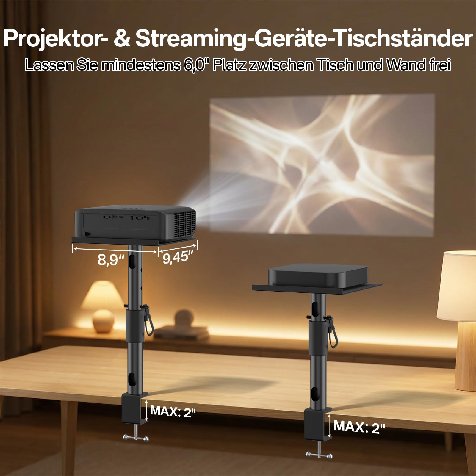 Support de Bureau Réglable en Hauteur, Inclinaison et Pivotement pour Projecteurs Aurzen, Nebula, XGIMI, VANKYO, Epson et la Plupart des Modèles - Support de Projecteur à Fixation par Pince sur Bureau