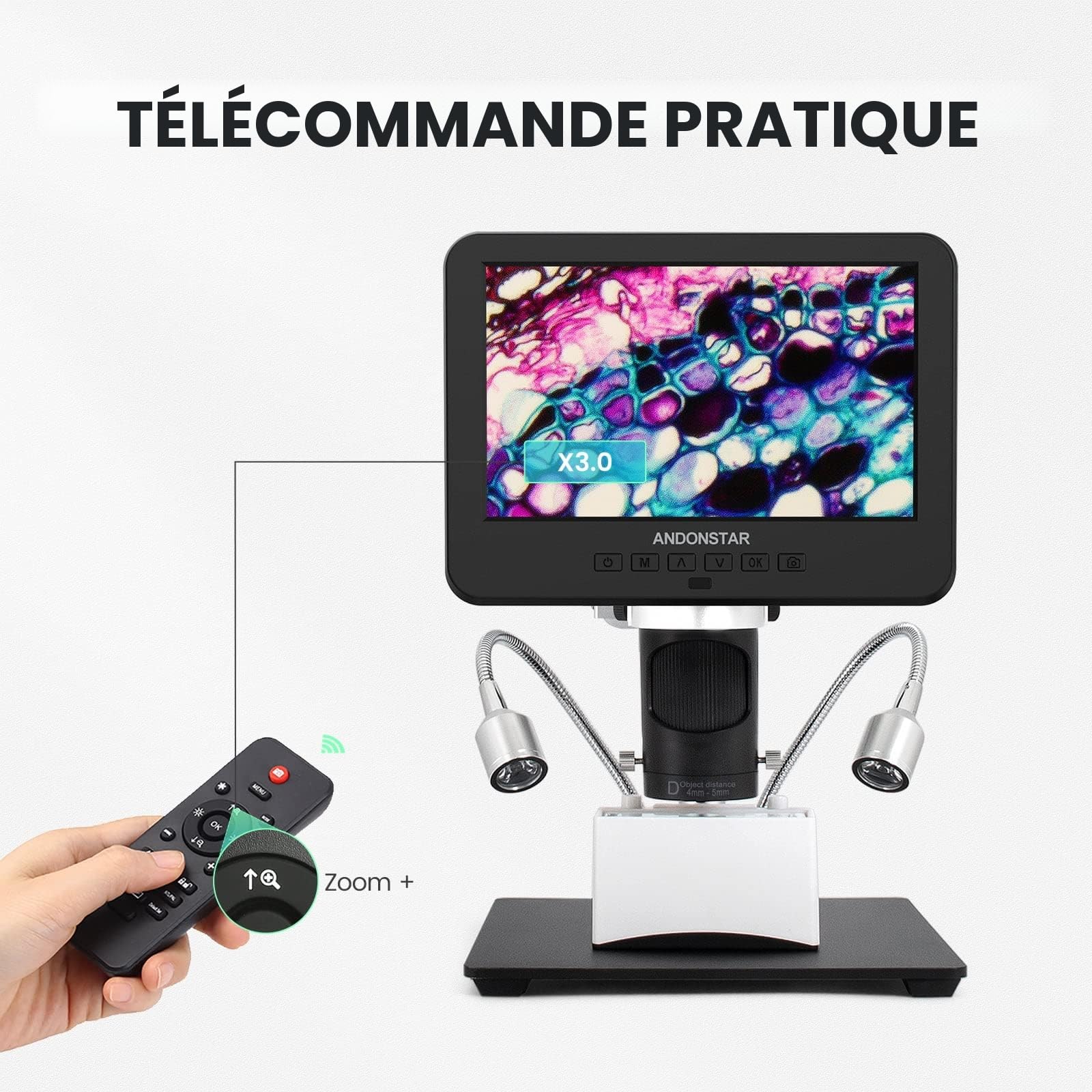 Andonstar AD246S Numérique HDMI 2000x Pour Adultes - Microscope à Souder LCD 7 Pouces Avec Enregistrement Vidéo UHD 2160P à 3 Lentilles - Kit Biologique Pour Pièces