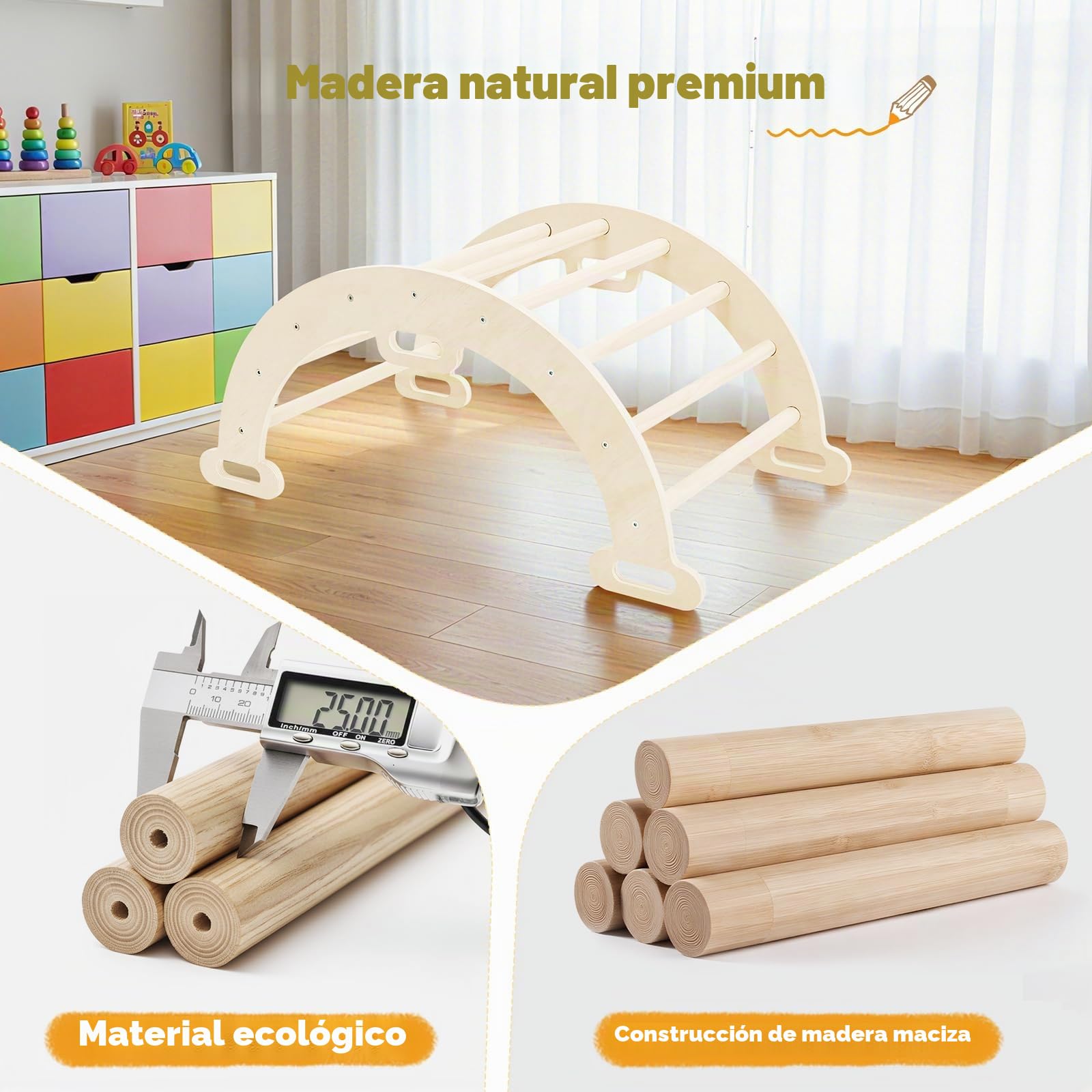 2 en 1 Arco de escalada con reposabrazos, Escalada niños de madera con cojín, madera natural, alfombrilla para los pies antideslizante, refuerzos de soportes, Arco Montessori para bebe 1-6 años