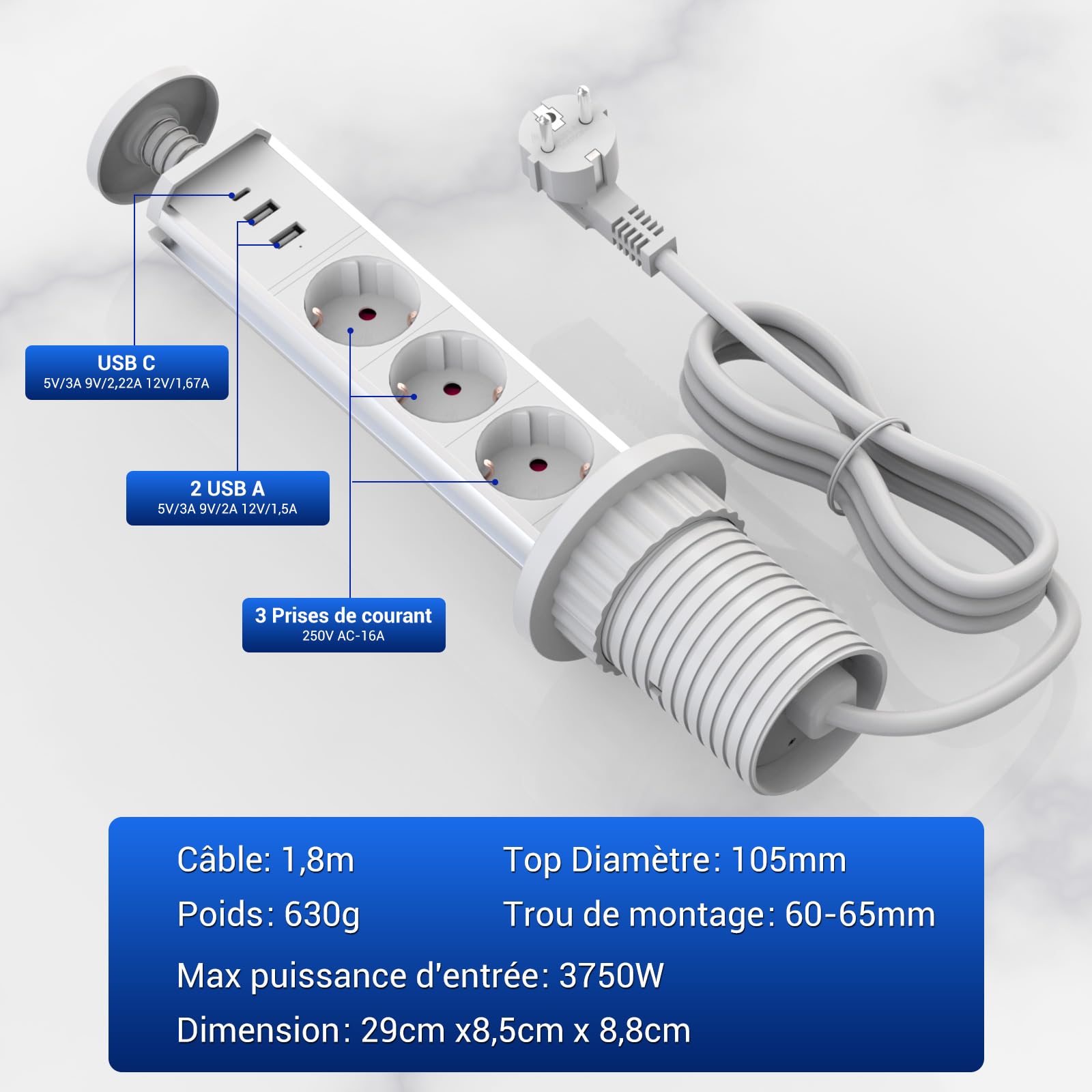 Steckdosenleiste Unterputz Block PD 20 W Schnellladung mit 3 Steckdosen, 2 USB-A und 1 USB-C Kabel 1,8 m, Ø 60 mm, versenkbare Steckdose, Arbeitsplatte für Küche, Büro, Schlafzimmer, Wohnzimmer