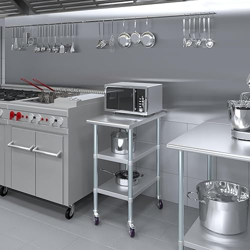 Miniatura 13 de AmGood Mesa de trabajo de acero inoxidable con 2 estantes y ruedas Mesa de trabajo de metal con ruedas