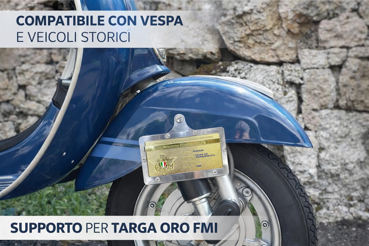 Supporto targa Oro FMI con rilievo. Adatto a Vespa e universale per moto d'epoca