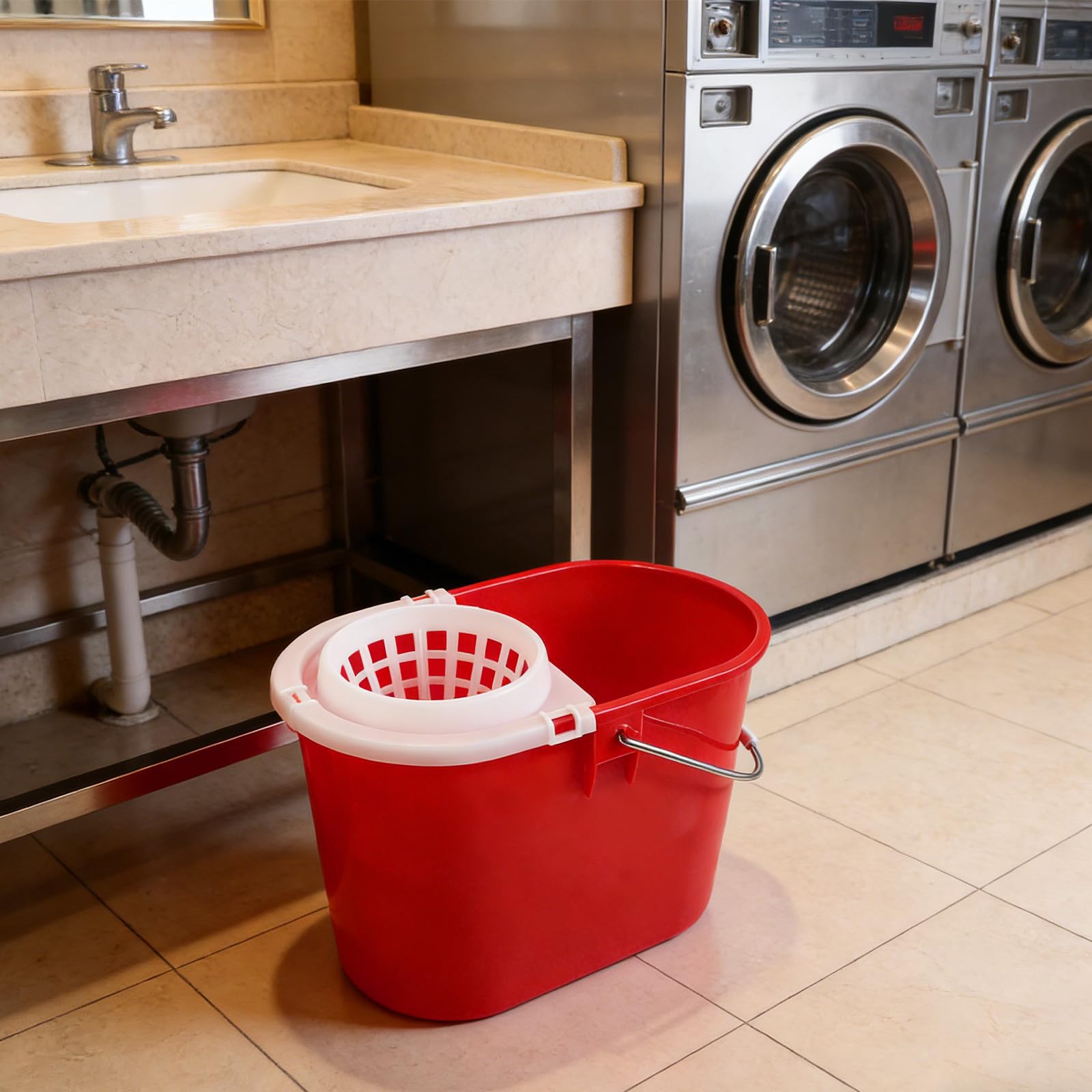Mipcase Cubo de Plástico Rojo para Fregona Redondo con Asa, Accesorio para Mop, Alta Eficiencia de Limpieza para Uso Doméstico y Comercial