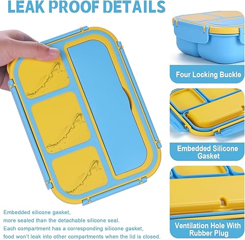 Vista 18 de Lonchera Bento para adultos, recipientes para niños y niñas con 4 compartimentos, contenedor de alimentos con utensilios, tarro de salsa, forros