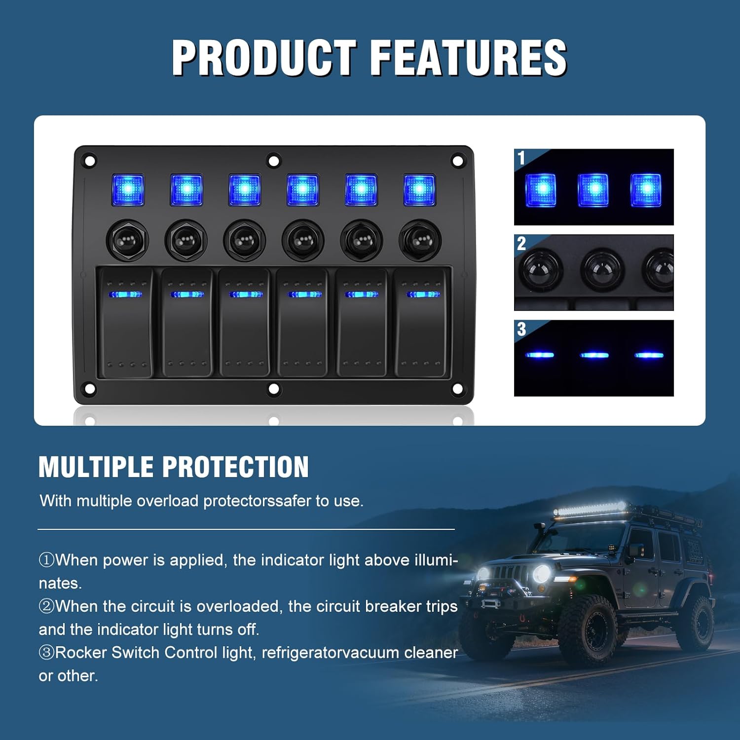 Marine Switch Panel Waterproof,Boat Switch Panel with Breakers,12V/24volt Rocker Switch Panel 3PIN On/Off Blue LED Light with Circuit Breaker 6gang 10A for Car RV UTV Truck