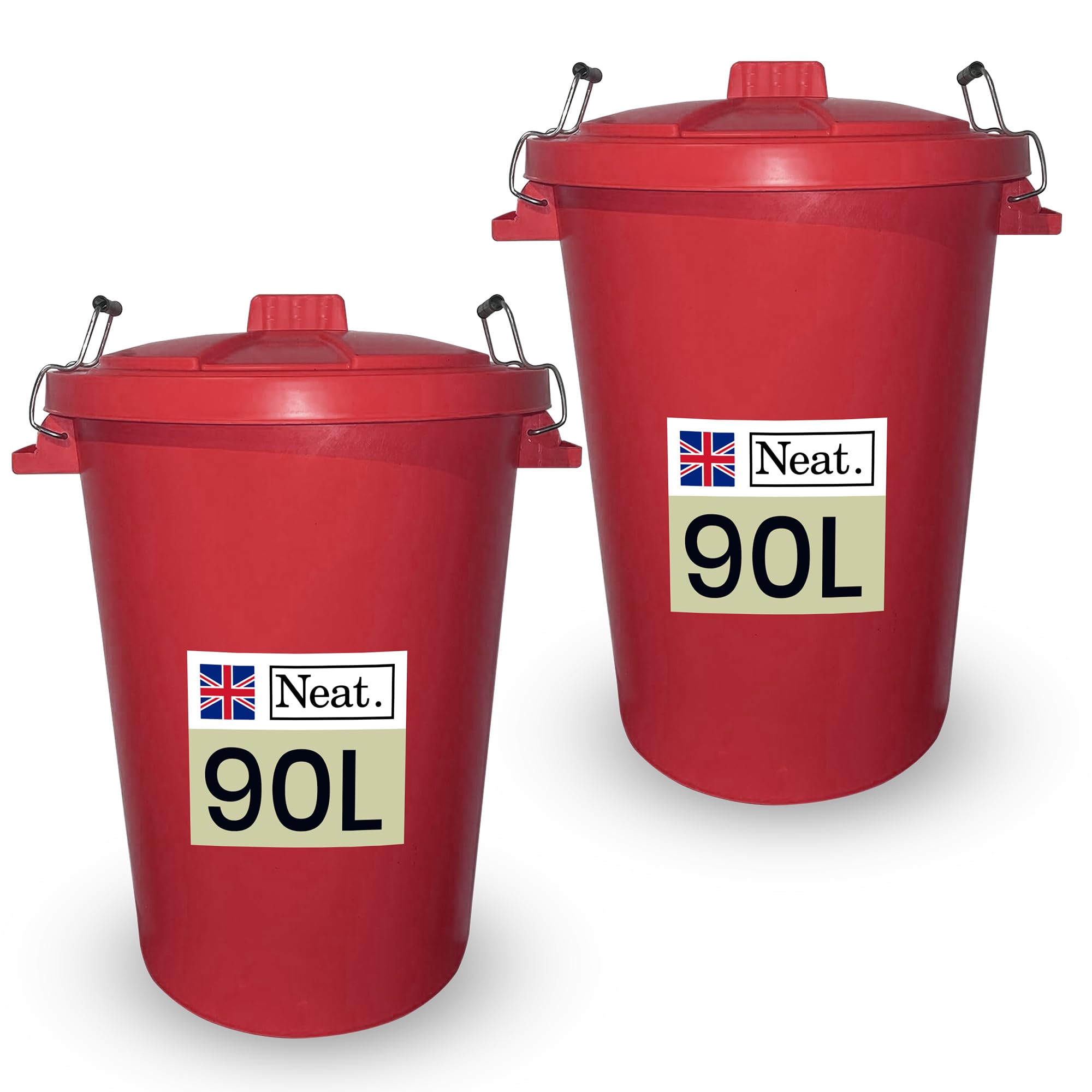 Neat. 90L Coloured Large Plastic Bins, Heavy Duty Kitchen Bin with Metal Handle Dustbin with Lid For Easy Refusal, Garden Bin Indoor Outdoor Rubbish Waste or Storage of Animal Feed, Red-2Pack