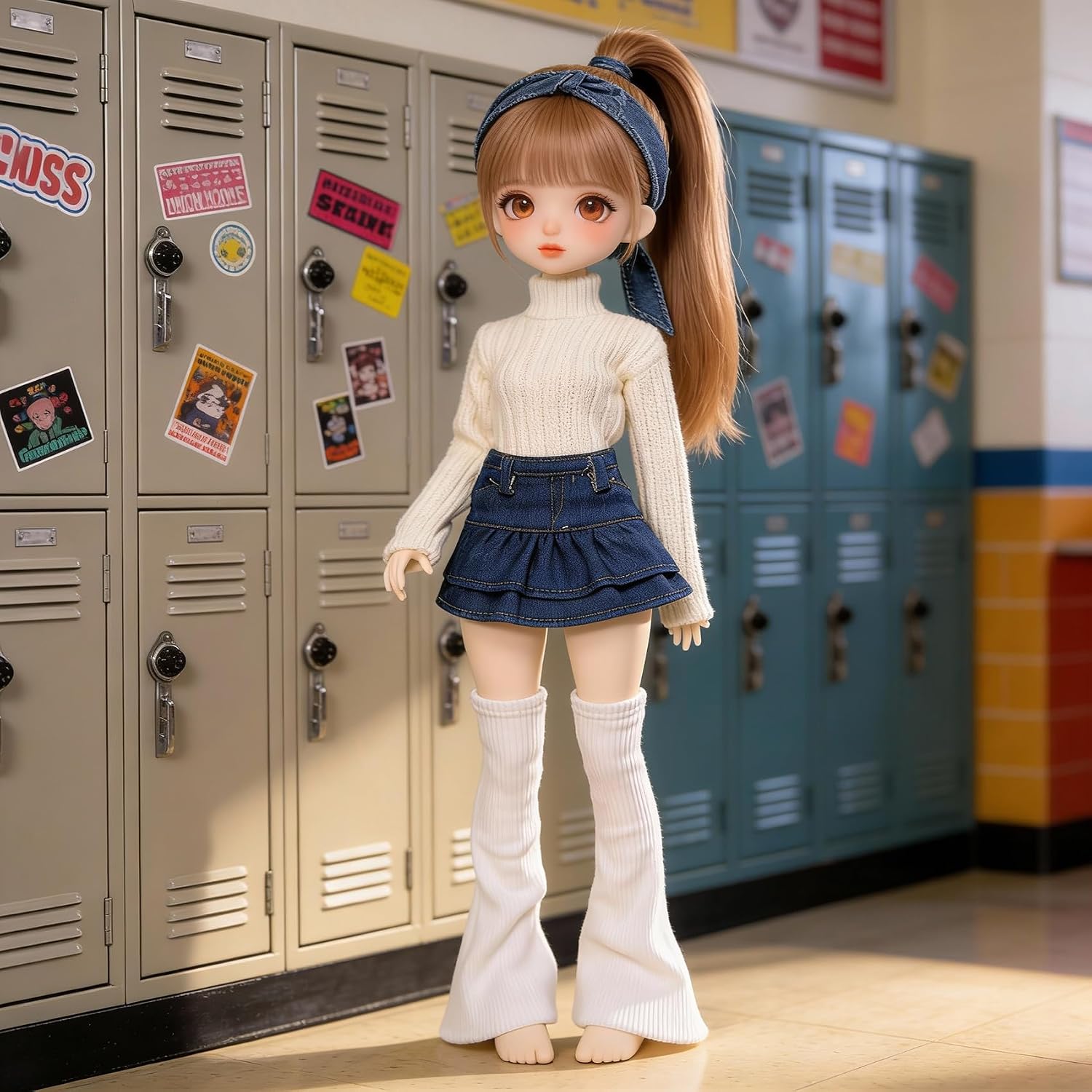 1/3 Scale SD BJD Outfit for 60cm Dolls – Knit High-Neck Top with Denim Skirt and Leg Warmers Set, Doll Not Included