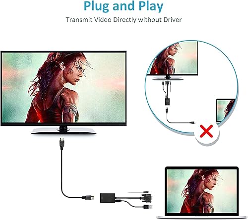 Vista 6 de Adaptador VGA a HDMI, Yeworth 1080P VGA macho a HDMI hembra convertidor con cable de audio para conectar PC, laptop, portátil a HDTV, pantallas