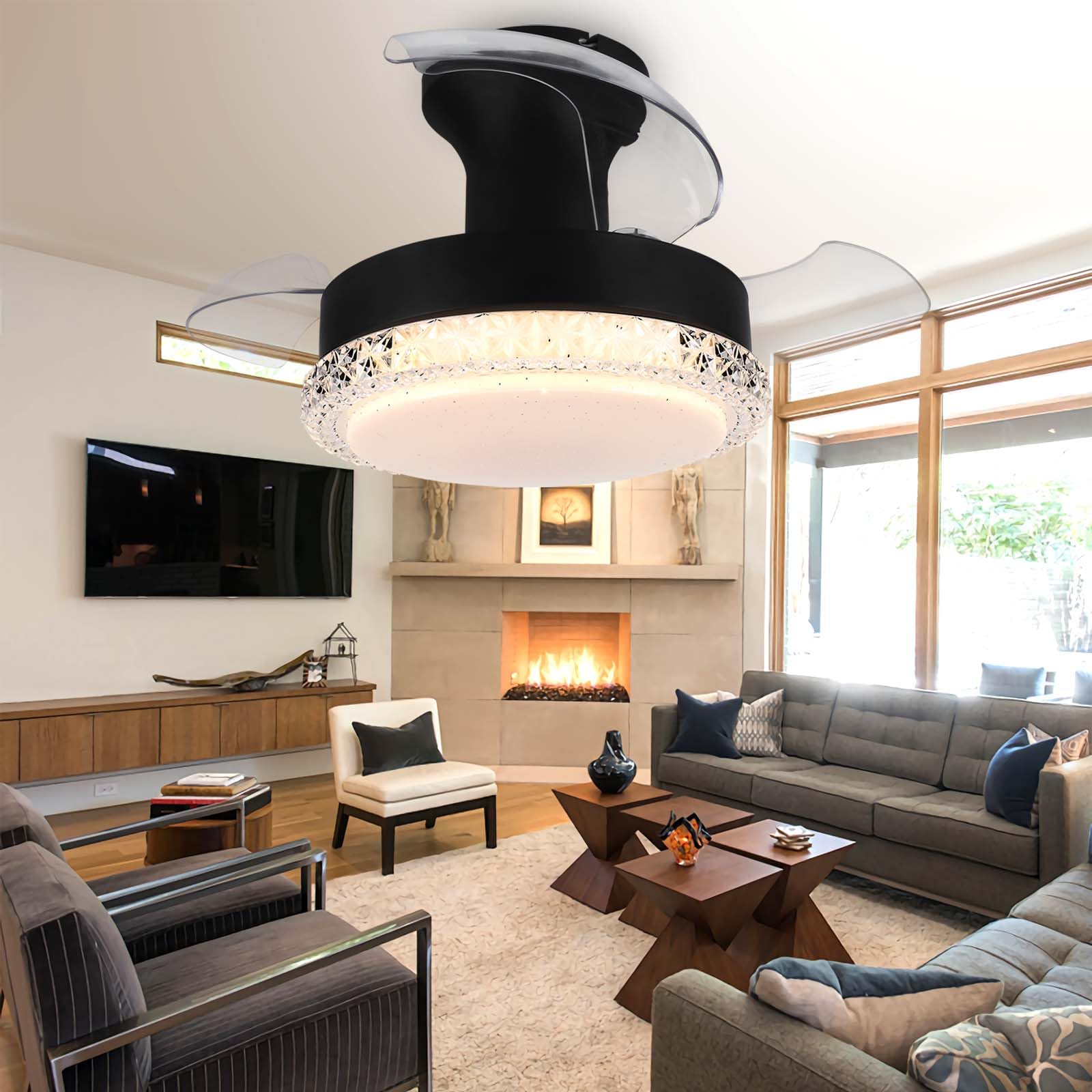 SXDMOUBK 52cm Ceiling Fan with Light LED Chandelier 3 Retractable Blades 6 Speed Dimmable & Reversible Quiet for Bedroom Kitchen Black