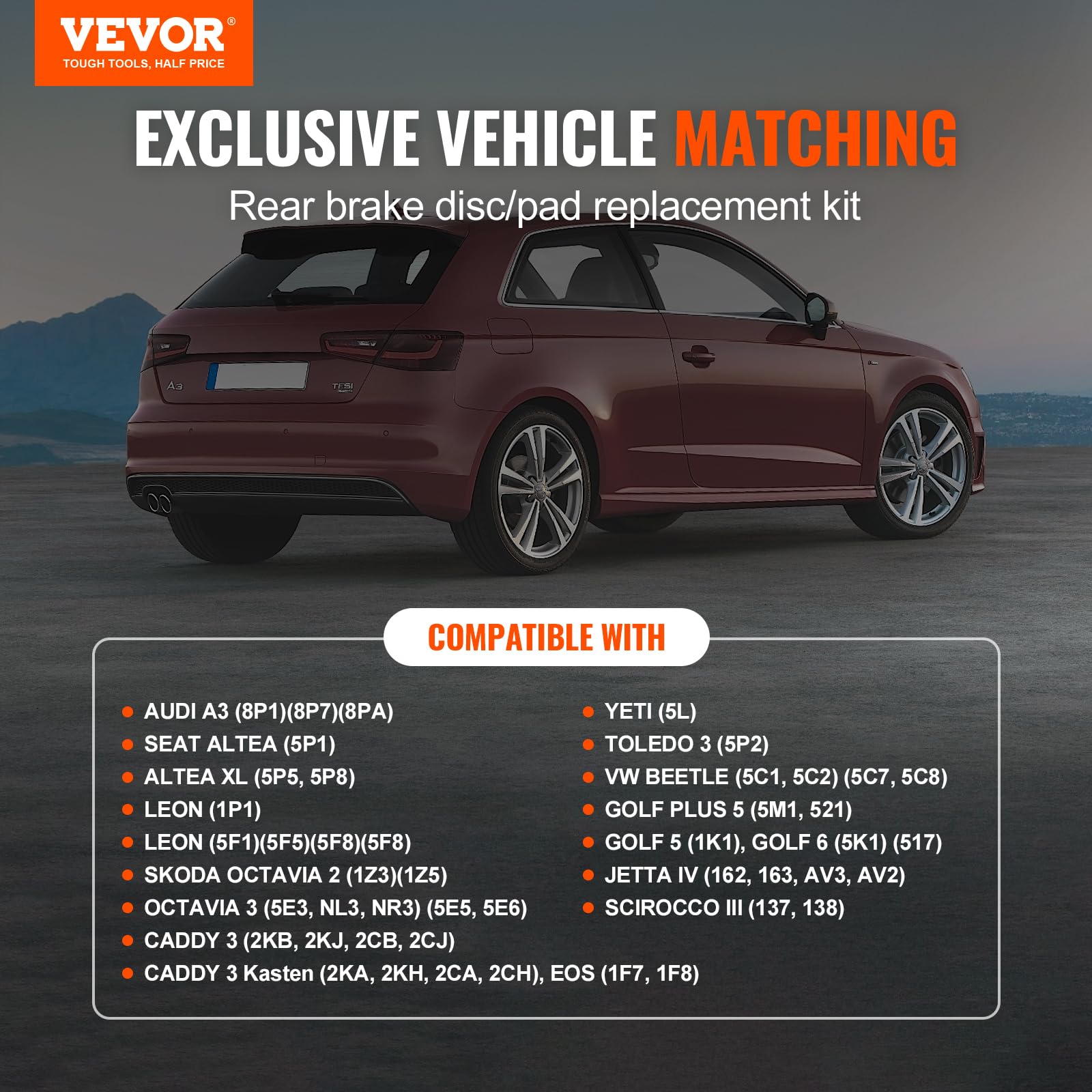 VEVOR Kit Freno Posteriore Compatibile 252,8 mm Dischi Freno 7,75 kg con Audi A3 (8P), VW Golf 5 6, Seat LEON, SKODA OCTAVIA, ALTEA, Kit di Sostituzione Pastiglie Freno in Ceramica, Rotori Posteriori