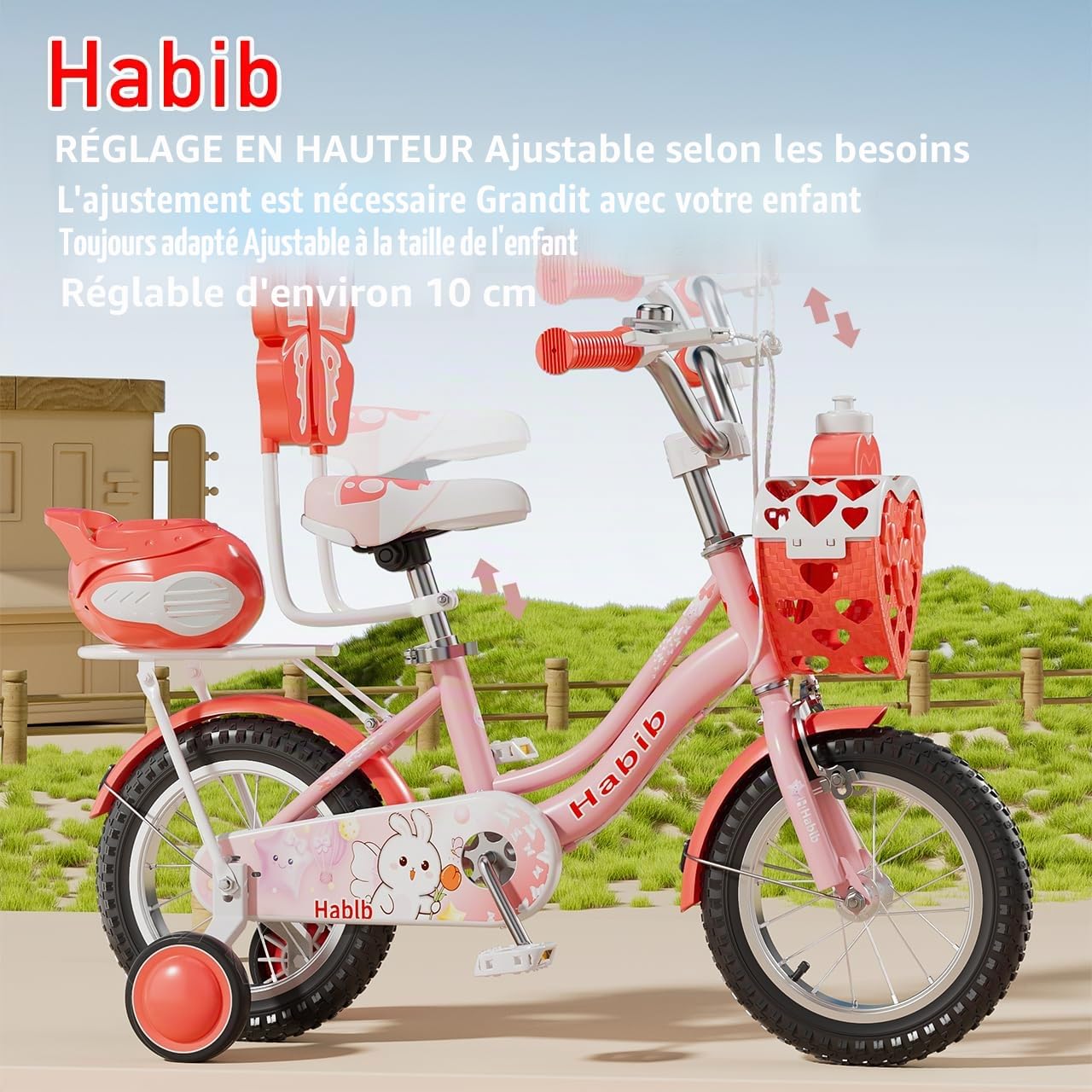 Habib Gruppe Vélo fille édition princesse 16 pouces | Kit complet avec panier, gourde, kit de protection et pompe | Vélo enfant avec roues stabilisatrices et double système de freinage pour fille de 3