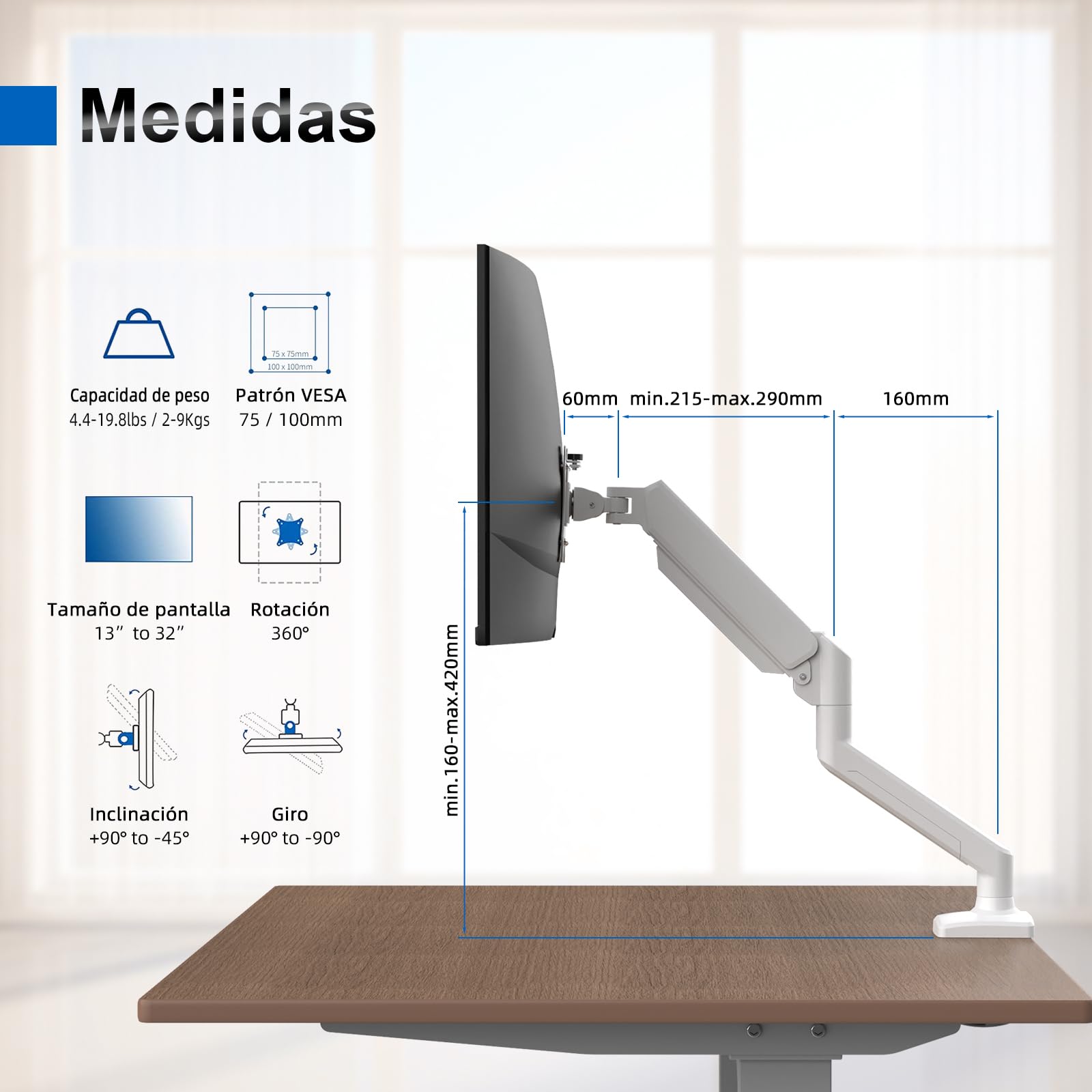 GRIFEMA GB2003W-1 Soporte de Monitor con Resorte de Gas para Pantalla de Computadora de 13-32 Pulgadas, Altura Ajustable, VESA 75x75/100x100, Peso 2-9 kg, Blanco