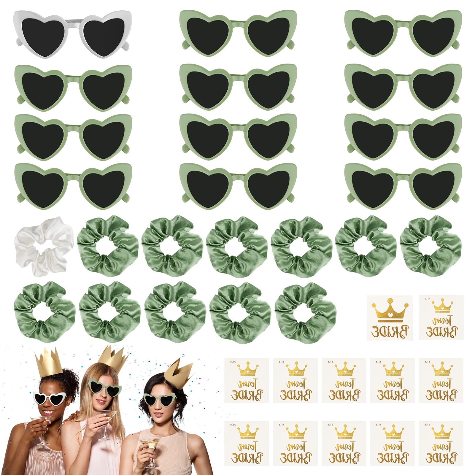Set De 10 Gafas De Sol Con Forma De Corazón + 10 Gomas Para El Pelo Team Bride - Para Despedidas De Soltera, Fiestas Y Regalos