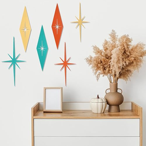 Miniatura 4 de Otoolling 6 piezas de arte de pared moderno de mediados de siglo, arte de pared de hierro fundido retro 3D 8 puntiagudas estrella atómica retro