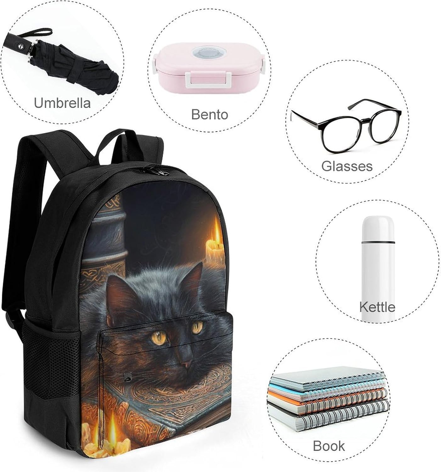Black Cat Laying on Vintage Book Travel Backpack Shoulder Bag image 3