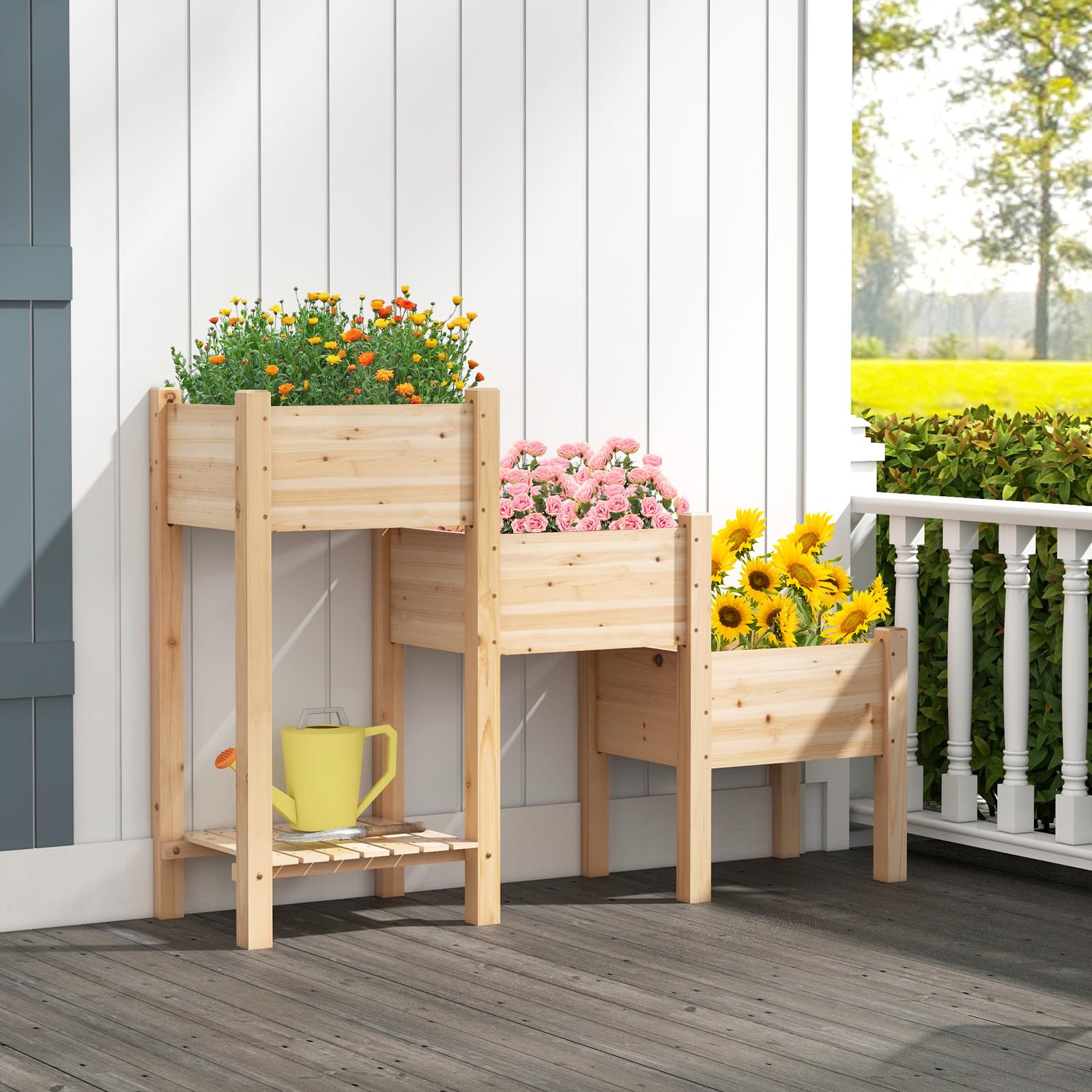 S AFSTAR 3-Tier Wooden Raised Garden Bed, Elevated Garden Planter with 3 Planter Boxes, Open Storage Shelf, Drainage Holes, Outdoor Vertical Plant Container for Vegetables Flowers Herbs Growing